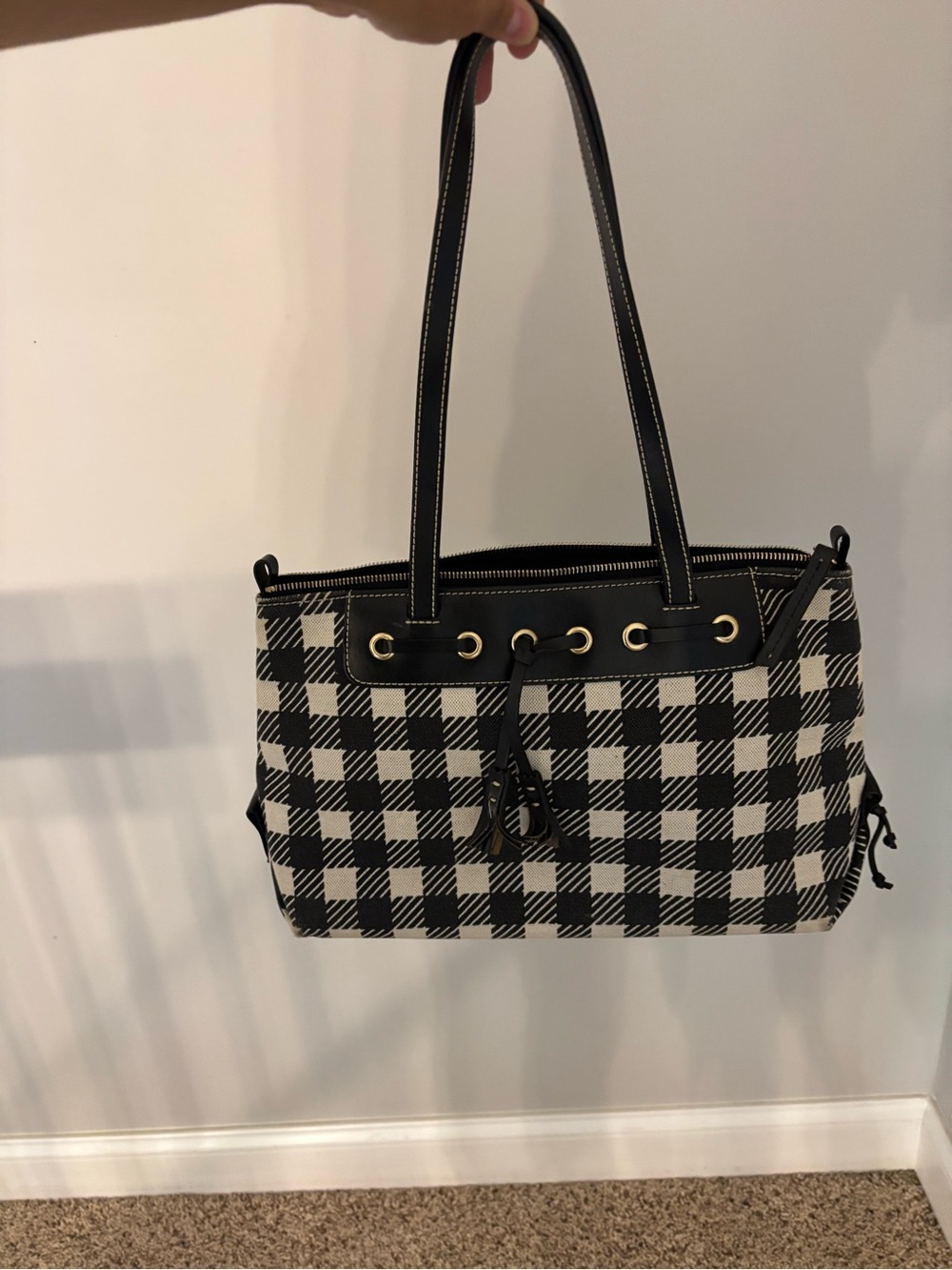 Dooney & Bourke Black and White Plaid Shoulder Tote
